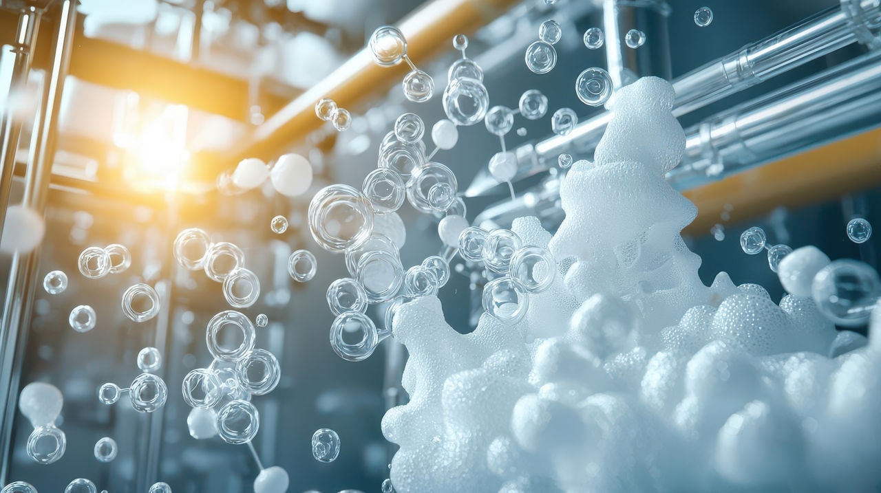 Synthetic chemical forming foam that rapidly expands, close up, rapid expansion theme, ethereal, overlay, industrial tank backdrop - Generated with AI